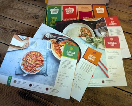 A selection of Simply Cook recipe cards on top of a Simply Cook flavour box