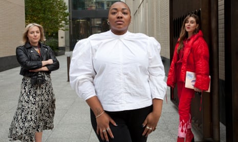 Model Nyome Nicholas-Williams (centre) with photographer Alexandra Cameron (left) and campaigner Gina Martin outside Facebook’s London headquarters