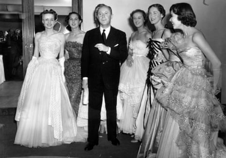 Couturier Christian Dior – designer of the ‘New Look’ and the ‘A-line’ – with six of his models after a fashion parade at the Savoy Hotel, London.
