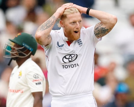 England’s Ben Stokes celebrates after taking the wicket of Zimbabwe’s Wessly Madhevere, caught out by Harry Brook