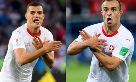 Granit Xhaka, left, and Xherdan Shaqiri making the nationalist symbol after scoring against Serbia in Kaliningrad on Friday night.