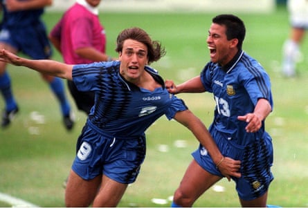 Gabriel Batistuta celebrates his treble against Greece in 1994.