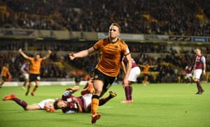 Jota runs to celebrates scoring for Wolves against Aston Villa in October 2017