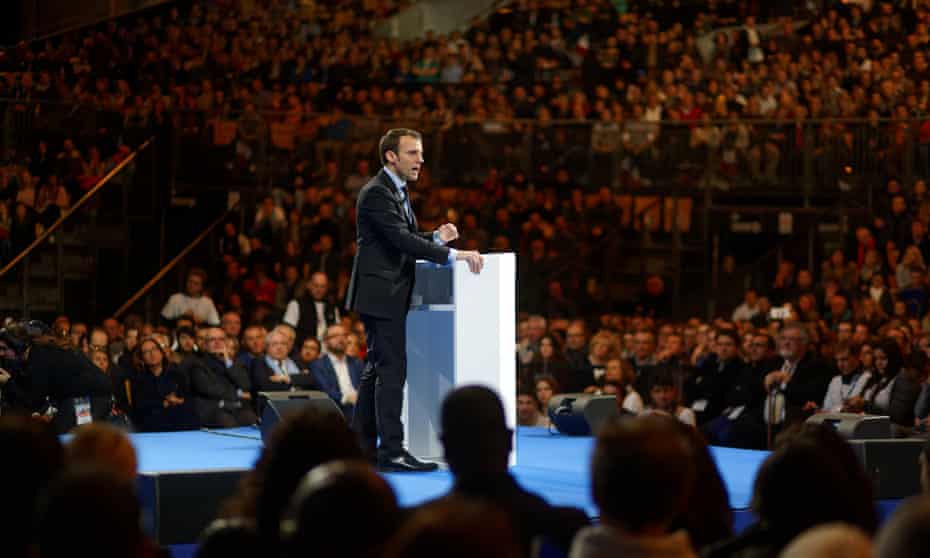 Emmanuel Macron delivers a speech during a campaign meeting in Lille, France. 