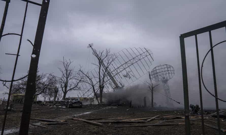 Smoke rising from debris