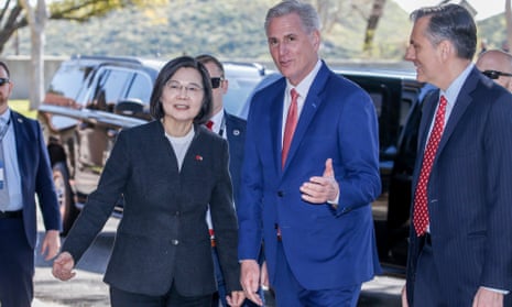 House Speaker Kevin McCarthy, R-Calif., second from right, welcomes Taiwanese President Tsai Ing-wen as she arrives at the Ronald Reagan Presidential Library in Simi Valley, California today.