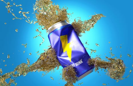 Illustration of an energy drink can with a lightning bolt on front and gold liquid fizzing out of it, against a blue background