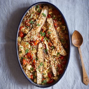 Nik Sharma’s baked aubergine with lentils, paneer and tomatoes.