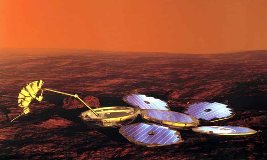 This artist’s impression shows the Beagle 2 lander with all four solar panels unfurled. Scientists now believe that three if not all four of the panels did manage to deploy.