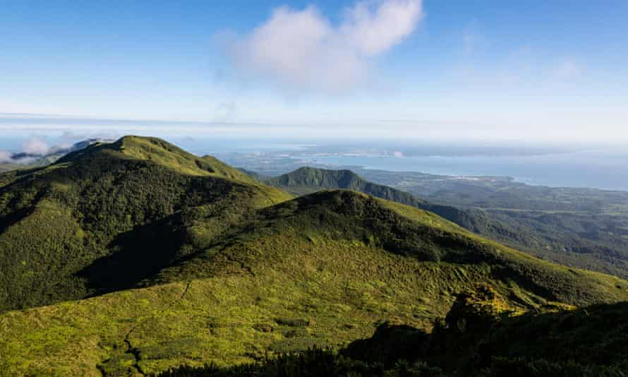 View over Guadeloupe, from the summit of La Soufriere volcano in St Vincent and Grenadines.