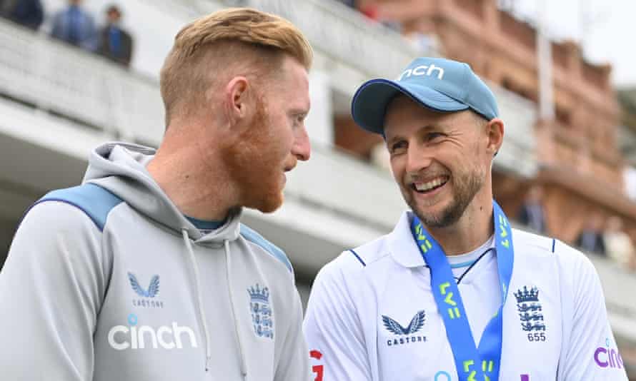 Man of the match Joe Root shares a joke with England captain Ben Stokes after the fourth day of the first Test match between England and New Zealand at Lord's on June 5, 2022.