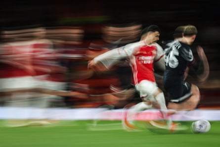 3 April 2024Arsenal’s midfielder Gabriel Martinelli races past Luton Town’s Alfie Doughty at the Emirates Stadium. Arsenal won 2-0.