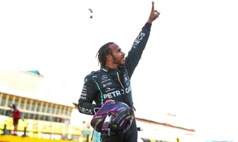 Lewis Hamilton celebrates winning the Tuscany Grand Prix.