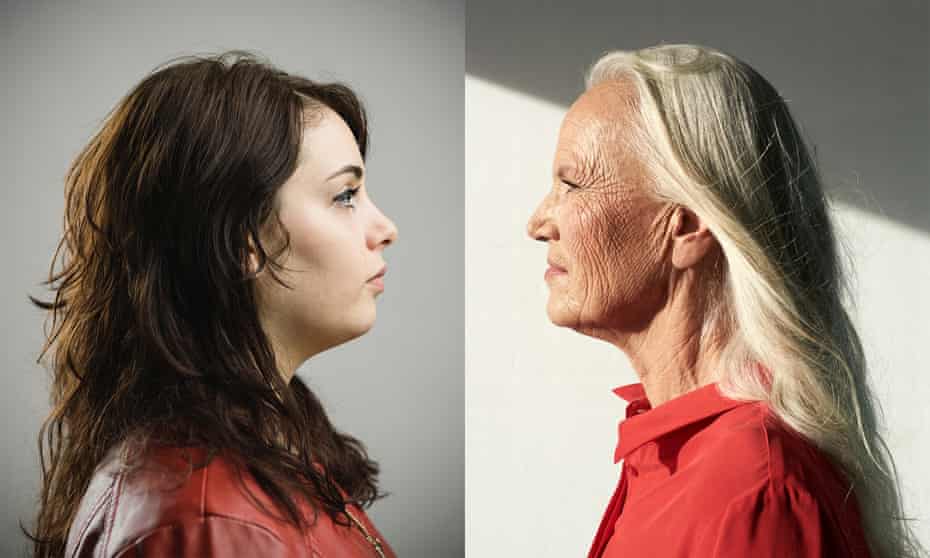 A young woman and an old woman in profile, looking at each other in a composite image