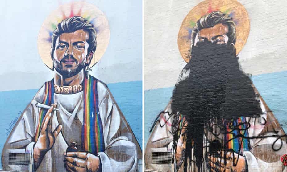 A before and after comparison of a mural by Scott Marsh of George Michael in Erskineville, Sydney.