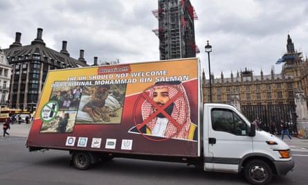 A lorry with a banner protesting against the visit by Prince Mohammed bin Salman in London on 5 March.