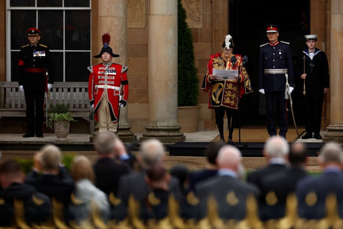 Norroy and Ulster King of Arms, Robert Noel, reads the proclamation of accession of King Charles III at Hillsborough Castle in Northern Ireland.