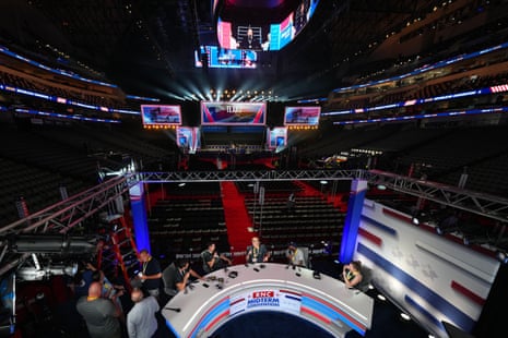 Production members test a stage ahead of the Republican convention Tuesday, Sept. 8, 2026, in Dallas.