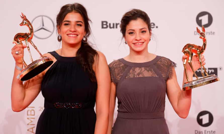 Sara and Yusra Mardini with trophies at the 2016 Bambi awards, the main German media awards.