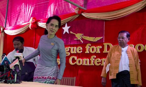Aung San Suu Kyi at a news conference on Thursday at her home in Yangon, Myanmar.