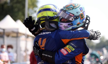 Daniel Ricciardo celebrates with Lando Norris after finishing first and second respectively