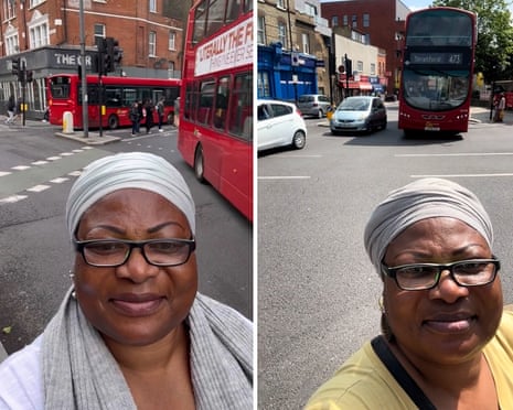 Two photos of Bemi Orojuogun standing on a street with red London buses behind her
