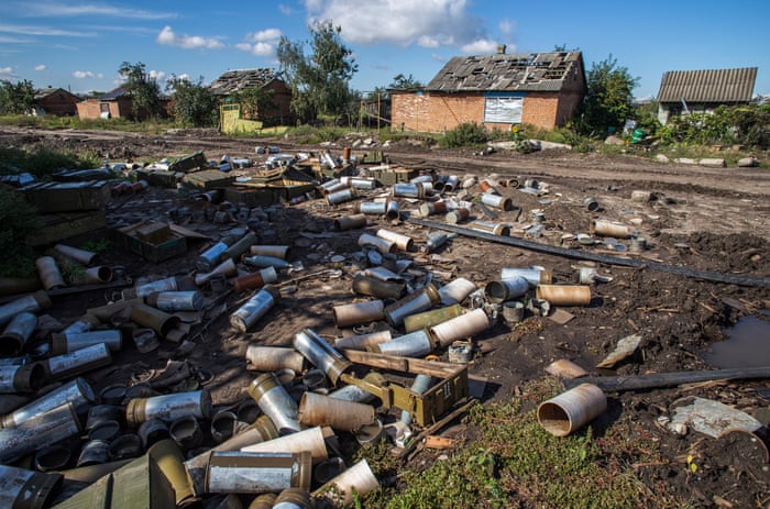 Spent cartridges at a former position of Russian troops in the Kharkiv area.