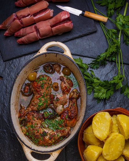 Coq au Vin Pig’s trotter Simon Hopkinson Secret Ingredients OFM August 2019 Observer Food Monthly Food styling: Henrietta Clancy