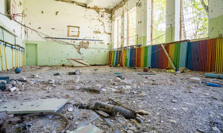 A school gymnasium destroyed by bombing in Luch, Ukraine, last week.