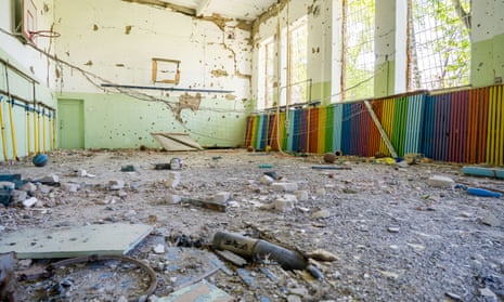 A school gymnasium destroyed by bombing in Luch, Ukraine, last week.