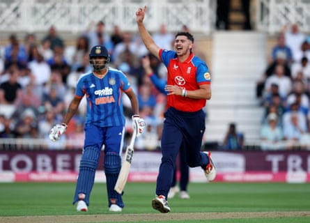 Josh Tongue gets Shivam Dube caught behind to take India to 63 for seven.