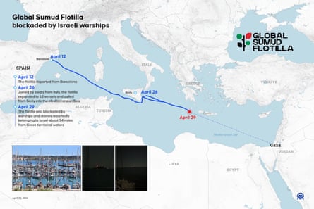 An infographic titled ‘Global Sumud Flotilla blockaded by Israeli warships’