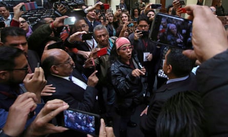 Frida Guerrera at a press conference with Mexican president Andrés Manuel López Obrador at the National Palace in Mexico City, February 2020