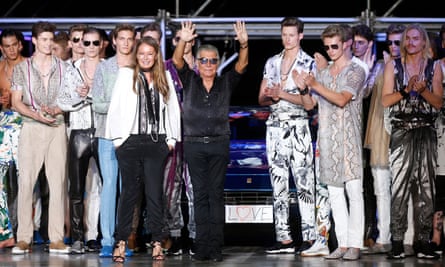 Cavalli takes a bow after a Milan fashion week show in 2014.