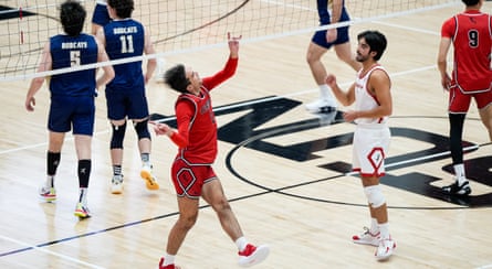 Jordan Lucas celebrates a point during a volleyball game