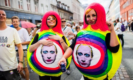 Copenhagan gay pride parade participants dressed as matryoshka dolls, featuring the banned images