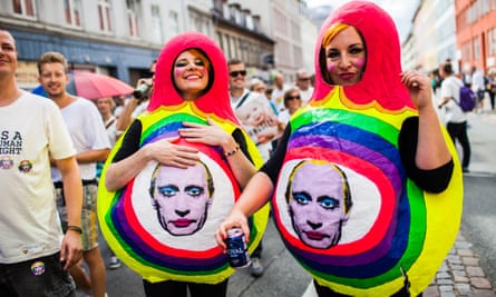 Copenhagen gay pride parade 2013, dedicated to Russia’s LGBT community. Putin has made the production of this caricature a crime in Russia