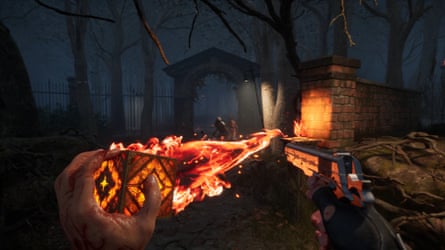 The player holds a gun in one hand, in the other a cube that appears to be shooting fire at a podium. Two figures advance towards them.