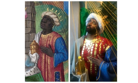 (left) detail from The Adoration of the Magi circa 1480-90 by Georges Trubert; (right) Peter Brathwaite’s recreation (photographed by Sam Baldock)