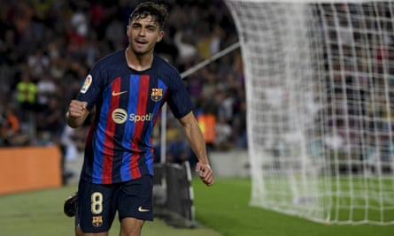 Barcelona’s Spanish midfielder Pedri celebrates scoring against Celta Vigo