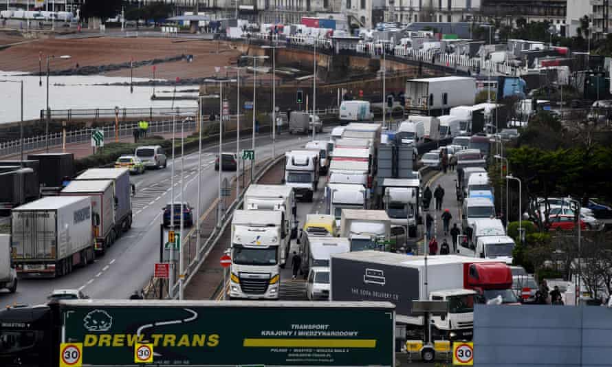 Cargo trucks are seen queueing in Dover.