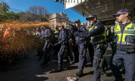 Police use pepper spray on counter-Reclaim Australia protesters in Melbourne on 18 July.