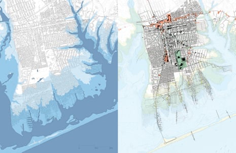 An aerial map visualising projected flooding in New Mastic in 2050 versus flooding in the proposed development