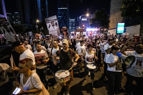 Relatives gather to demand that the government take action to secure the return of their relatives on the 33rd day of Israeli attacks on November 11, 2023 in Tel Aviv, Israel.