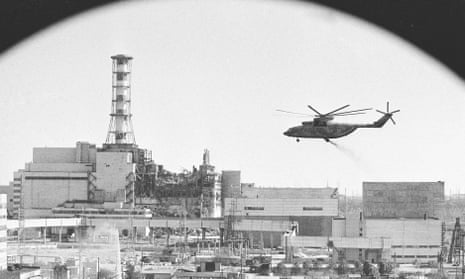 A helicopter ‘bomb run’ on the damaged reactor, one of many during which pilots exposed themselves to high levels of radiation.