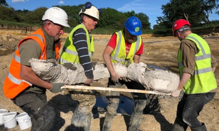 Four men in hardhats and work vests carrying a mammoth tusk on a plank