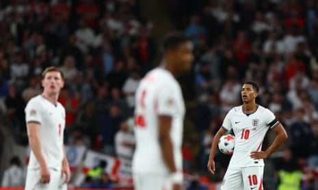 England's Jude Bellingham looks dejected after Spain's Alex Baena scores their second goal.