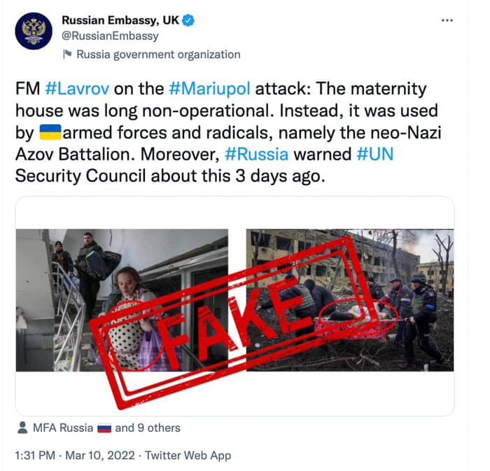 Twitter removes Russian embassy tweet on Mariupol bombing | Ukraine | The Guardian