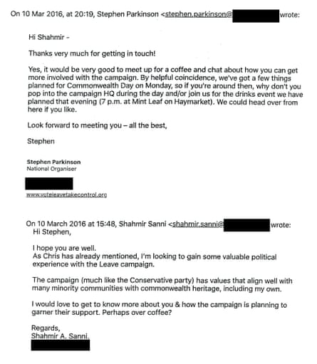 Screenshot of a March 2016 email exchange between Shahmir Sanni and Vote Leave’s Stephen Parkinson