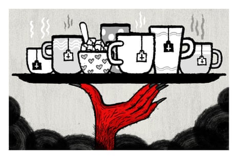Illustration by David Foldvari of the hand of an incubus holding a tea tray.